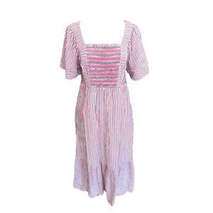 Farmgirl Cottage Core Old Navy Women M Red White Blue Striped Smocked Midi Dress